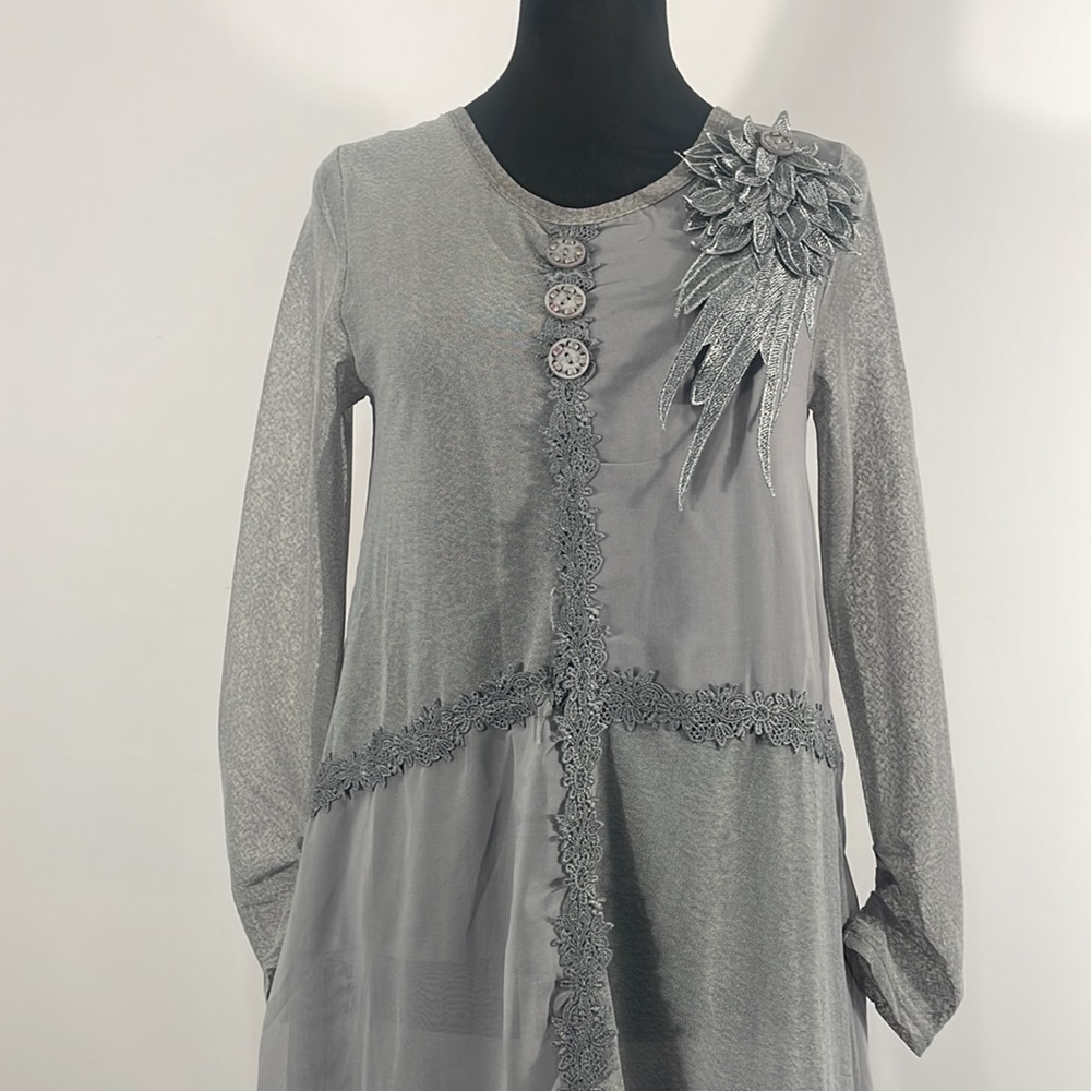Pretty Angel Tunic,Dress,Fringe details,Sheer, Long Sleeve,Gray, Small,NWT - Picture 4 of 13